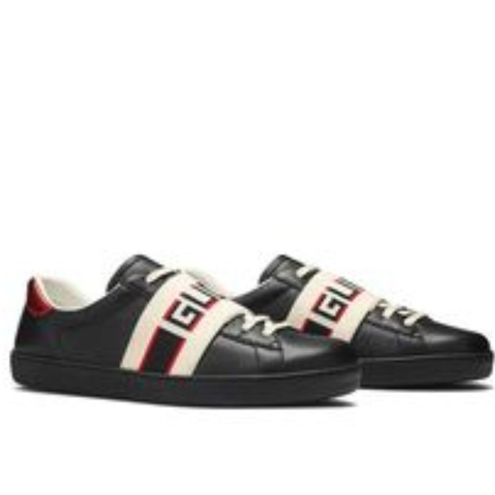 GUCCI MEN'S BLACK ACE ELASTIC BAND LEATHER FLAT LACE UP - Picture 9 of 17